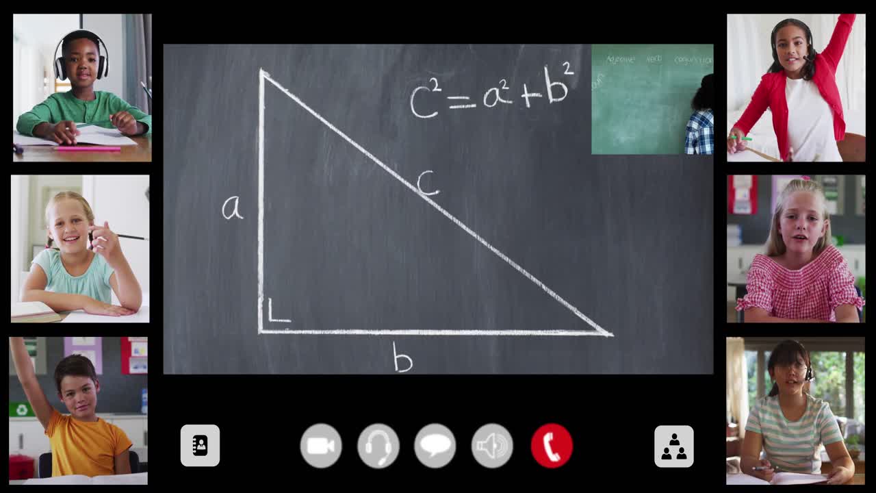 Animation of interface screen with chalkboard, teacher and six diverse children in online lesson