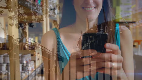 animation of financial data processing over caucasian woman using smartphone in shop