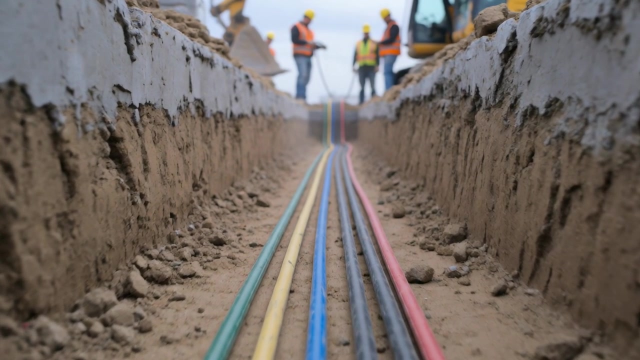 Equipo de inspección señalando conductos de colores en una zanja después de la instalación, con chalecos y gorras de alta visibilidad.