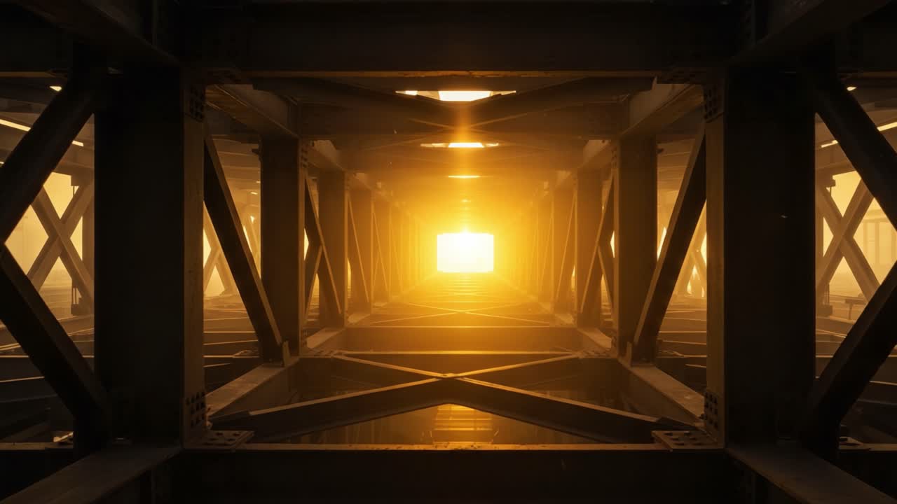 A Captivating View Through Industrial Framework: The Golden Light Shining Through Metal Beams Illustrates the Fusion of Nature and Architecture