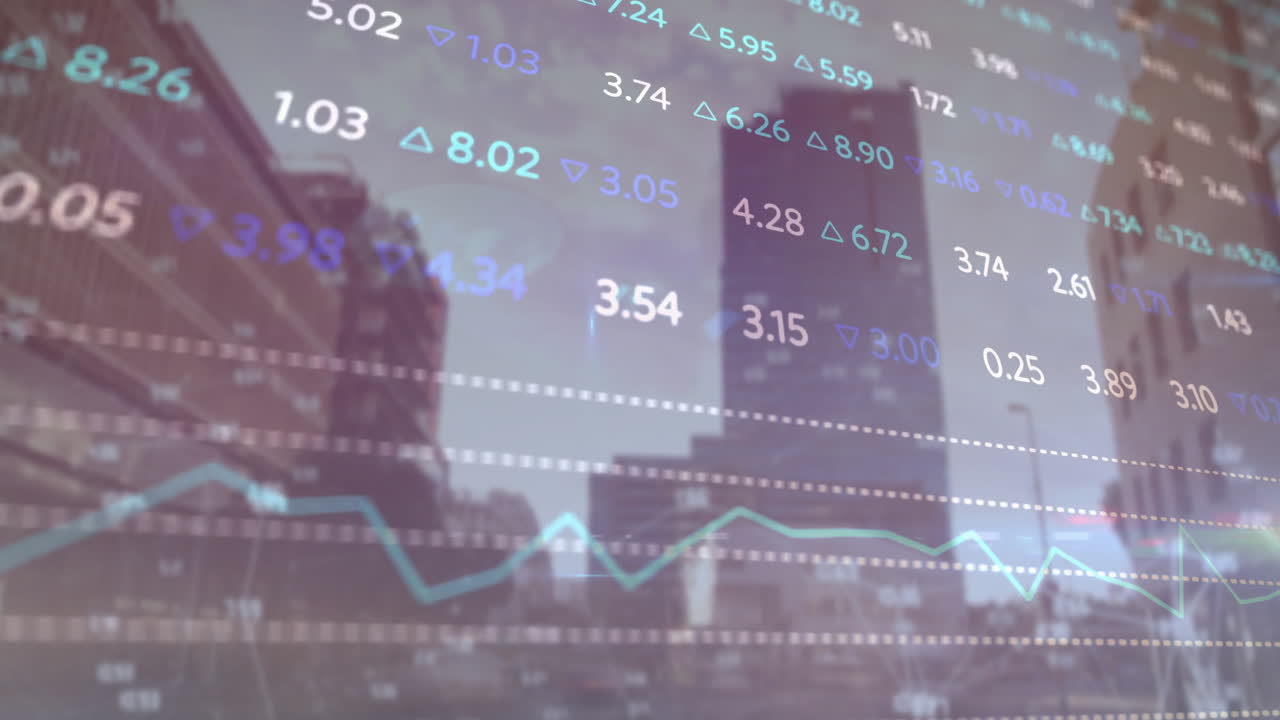 animación de diagramas y mercado de valores sobre el paisaje urbano