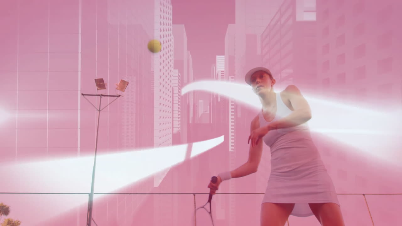 Woman swinging tennis racket on court showcasing sports tech with neon swirl over pink cityscape