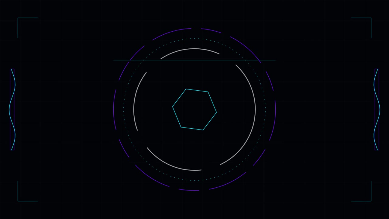 Futuristic Digital HUD Interface with Rotating Hexagon and Circular Elements