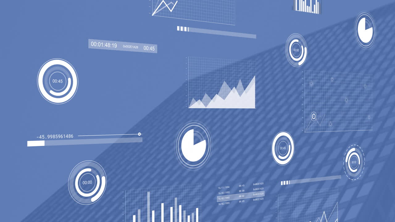 Animation of scanners and charts processing data over blue office block background