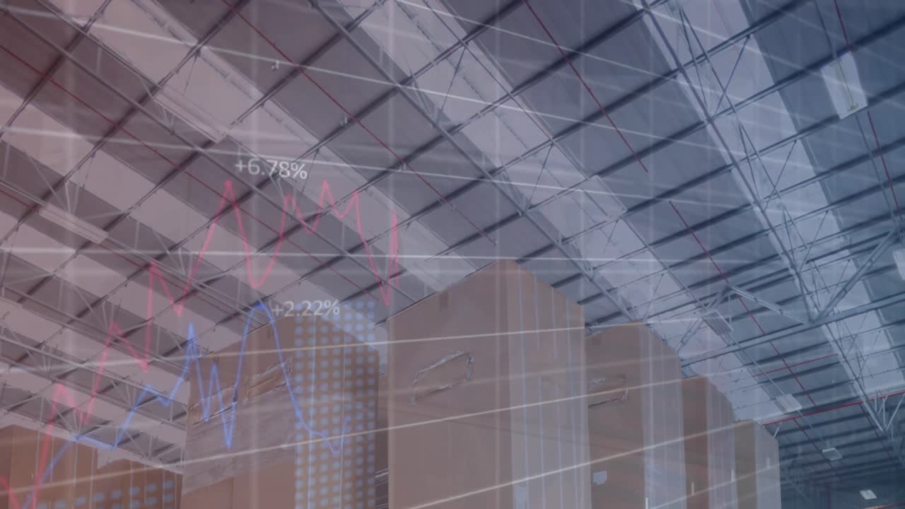 animación de datos financieros y gráficos sobre los paquetes en el almacén