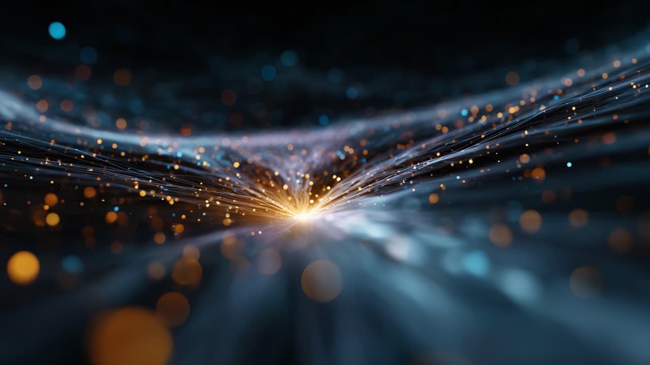 Dynamic flow of luminous particles through a dark, swirling background generates an ethereal visual experience filled with vibrant light and energy