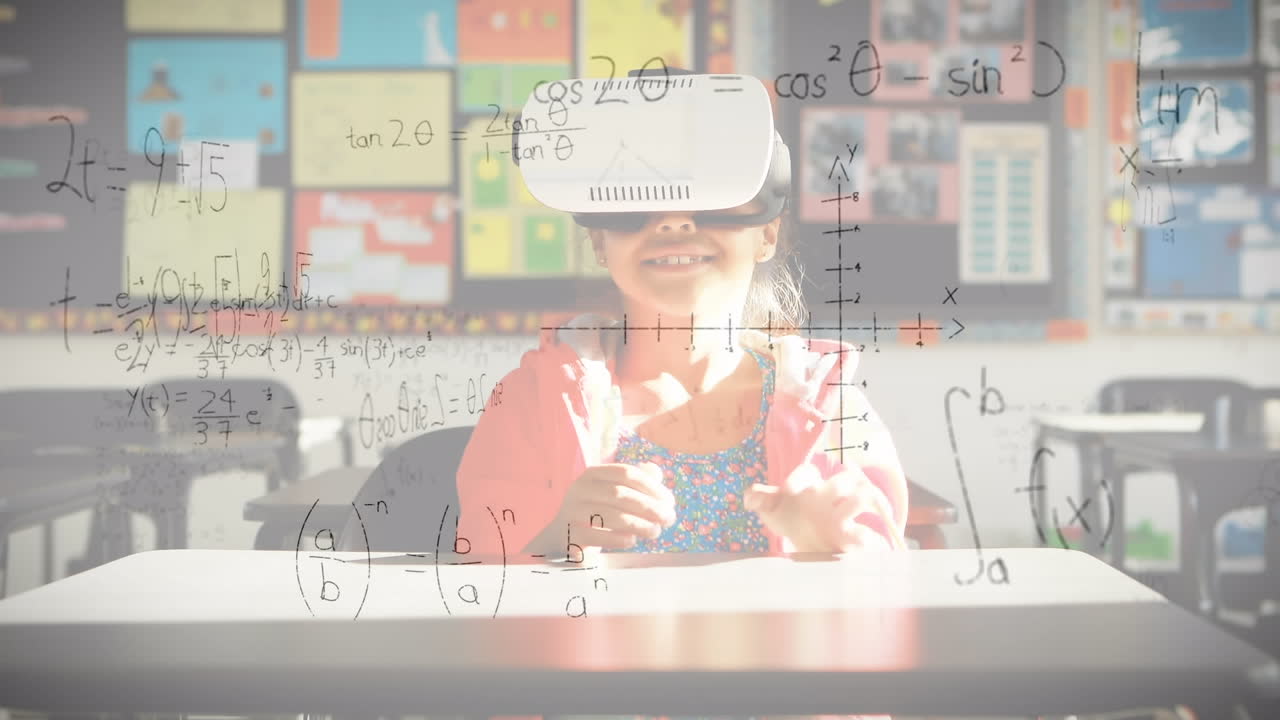 Animation of mathematical formulas over schoolgirl using vr headset