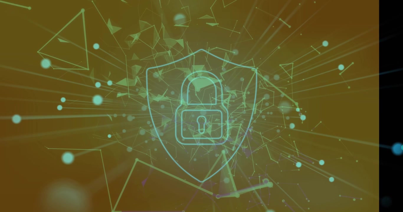 Animation of security padlock icon and plexus networks floating against grey gradient background
