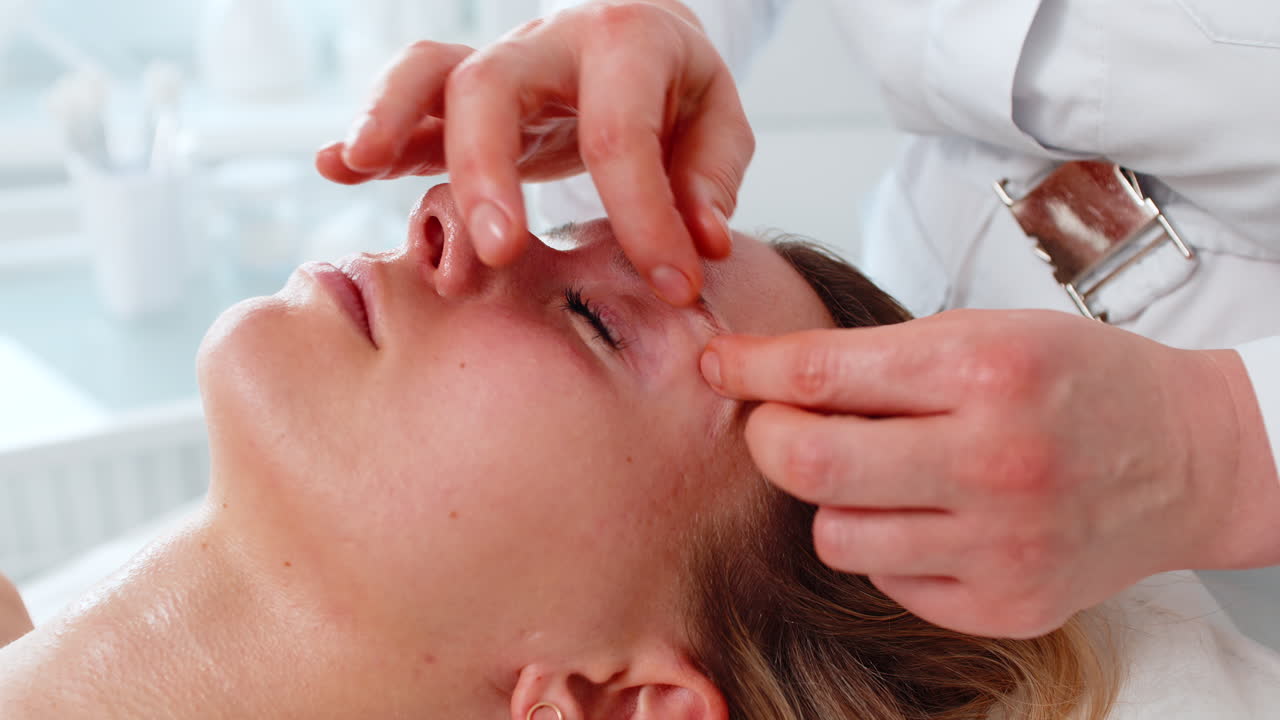 Junge Frau bei Gesichts-Massage im Augenbereich durch professionelle Kosmetikerin in entspannendem Kosmetikstudio