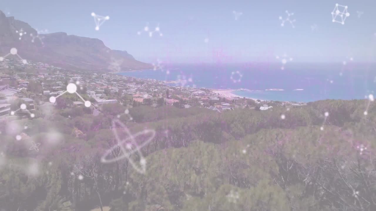 도시 풍경 위에서 움직이는 분자의 애니메이션