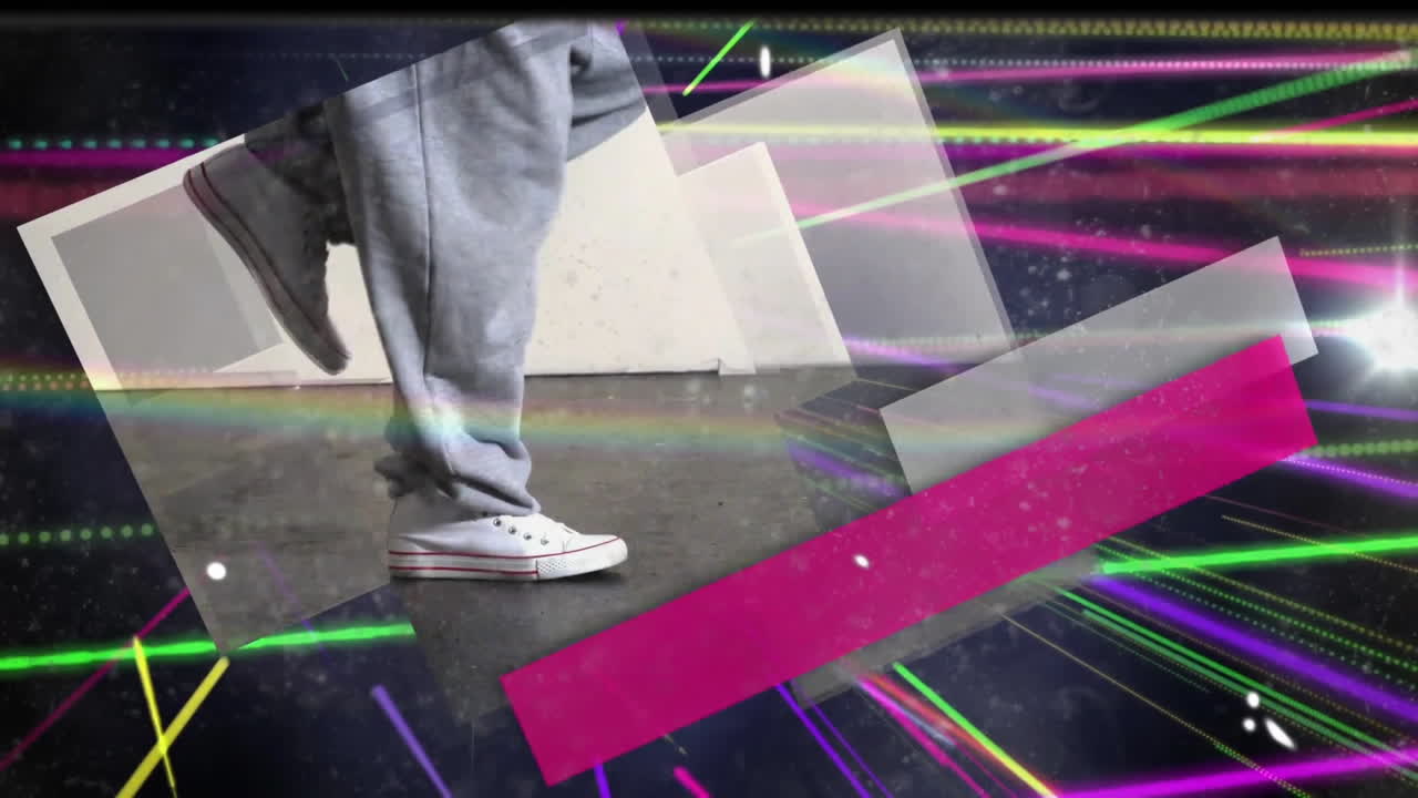 Woman wearing sweatpants and white sneakers stepping on floor showcasing neon streaks for marketing