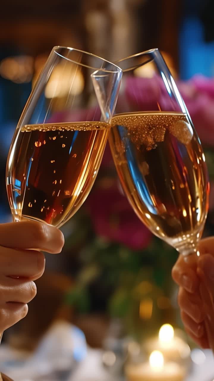 Brindis de celebración con copas de champán espumoso en el ambiente cálido de un restaurante, rodeado de hermosos arreglos florales y luz de velas