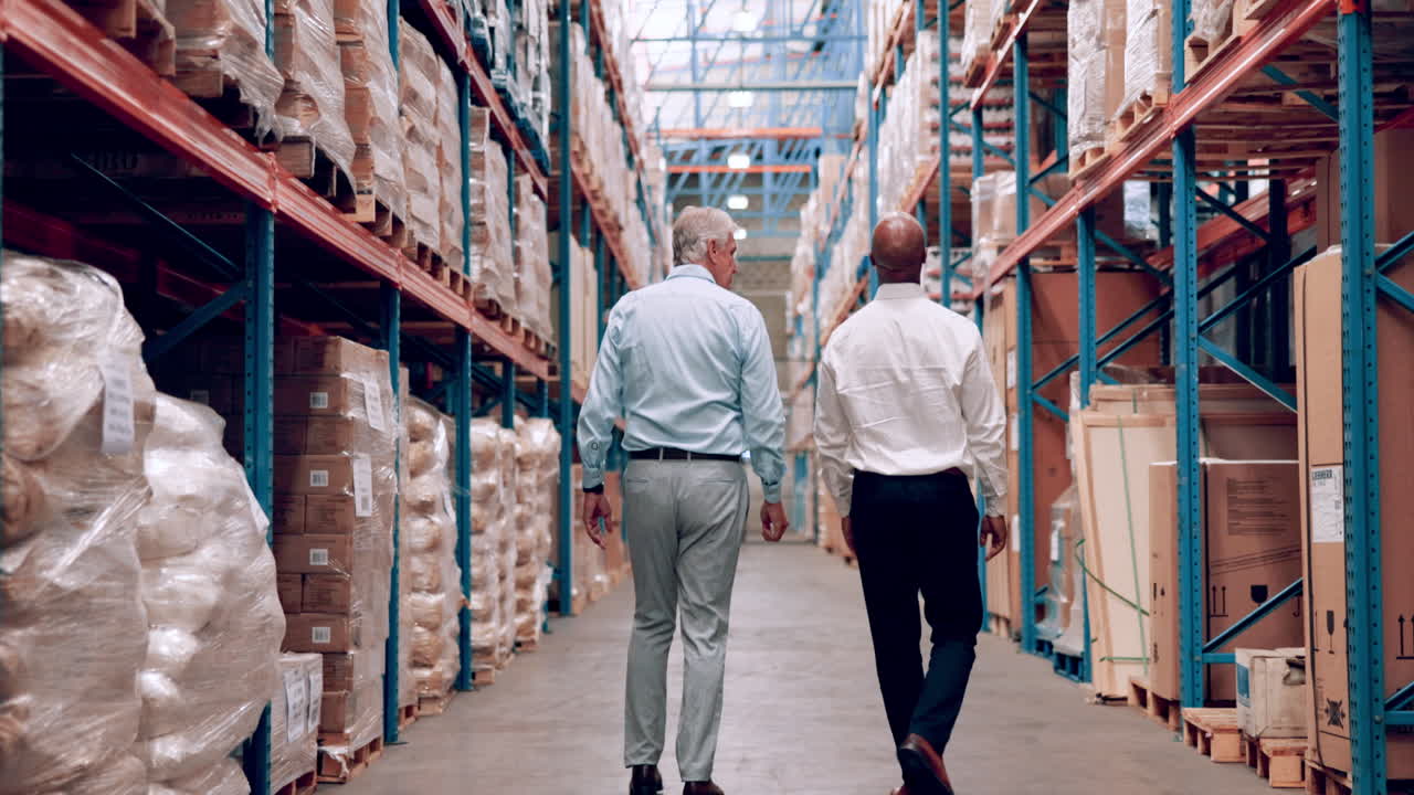 hombres de negocios inspeccionando el inventario del almacén