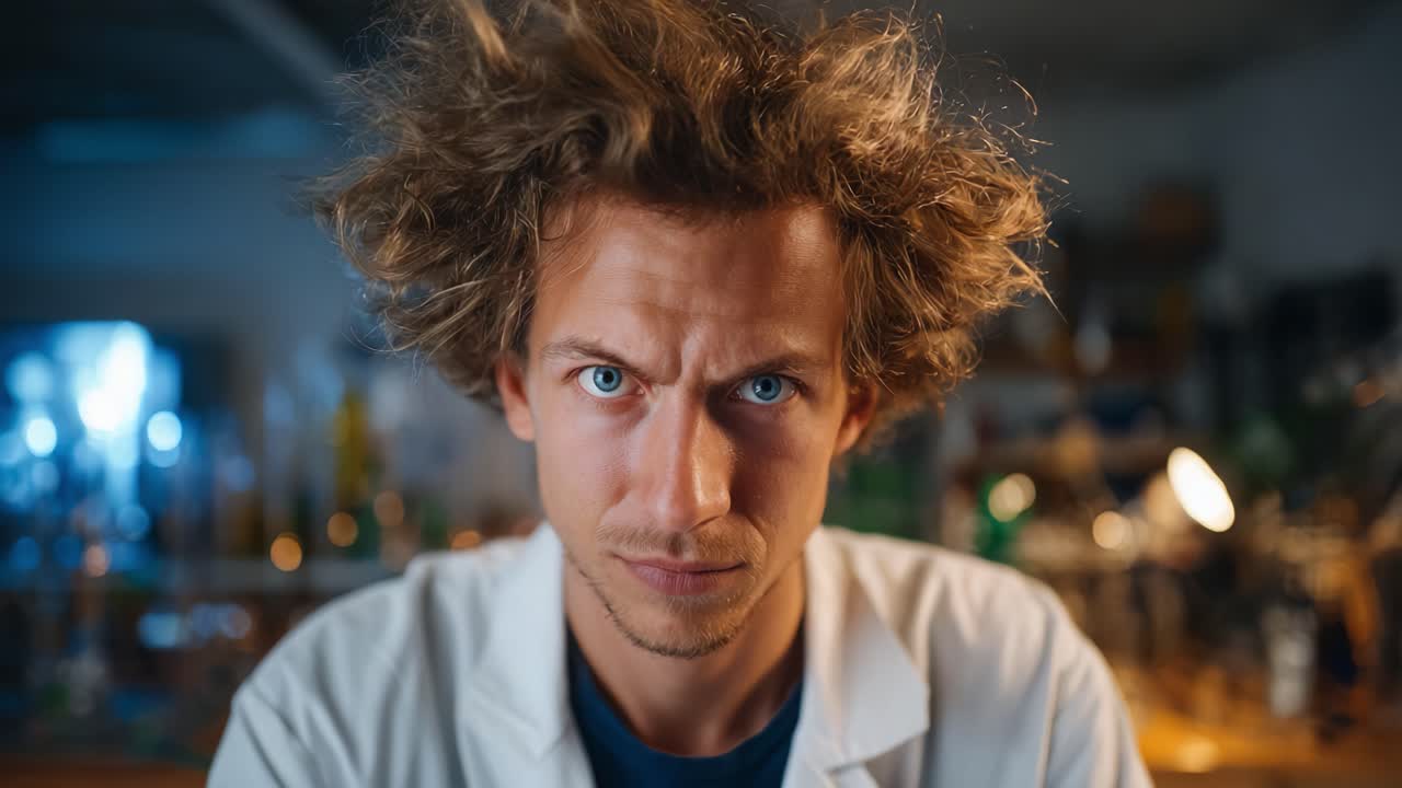 Intense Focus: A Scientist's Look into the Unknown Amidst a Chaotic Laboratory Environment with Glowing Beakers and Scientific Equipments