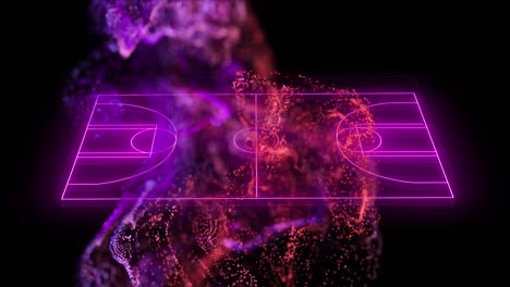 animation of purple neon basketball court and pink particles