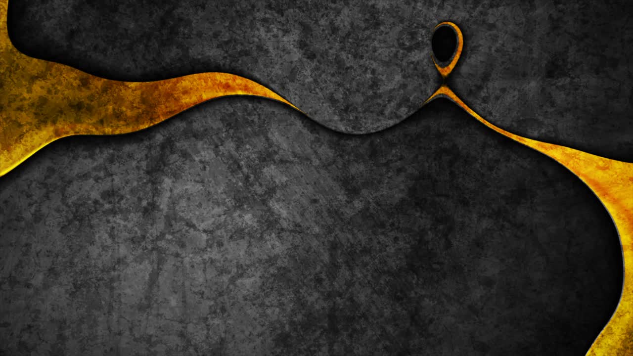Black grunge wall background with liquid golden glossy waves