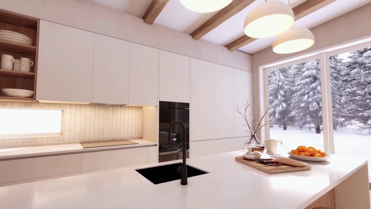 Karlı Kış Ormanına Bakan Adalı Aydınlık Modern Mutfak