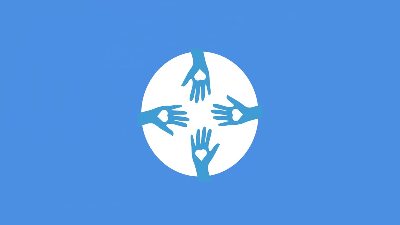 파란색 배경 위에 심장 아이콘이 있는 손의 애니메이션