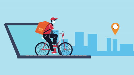 laptop with courier in bicycle delivery service animation