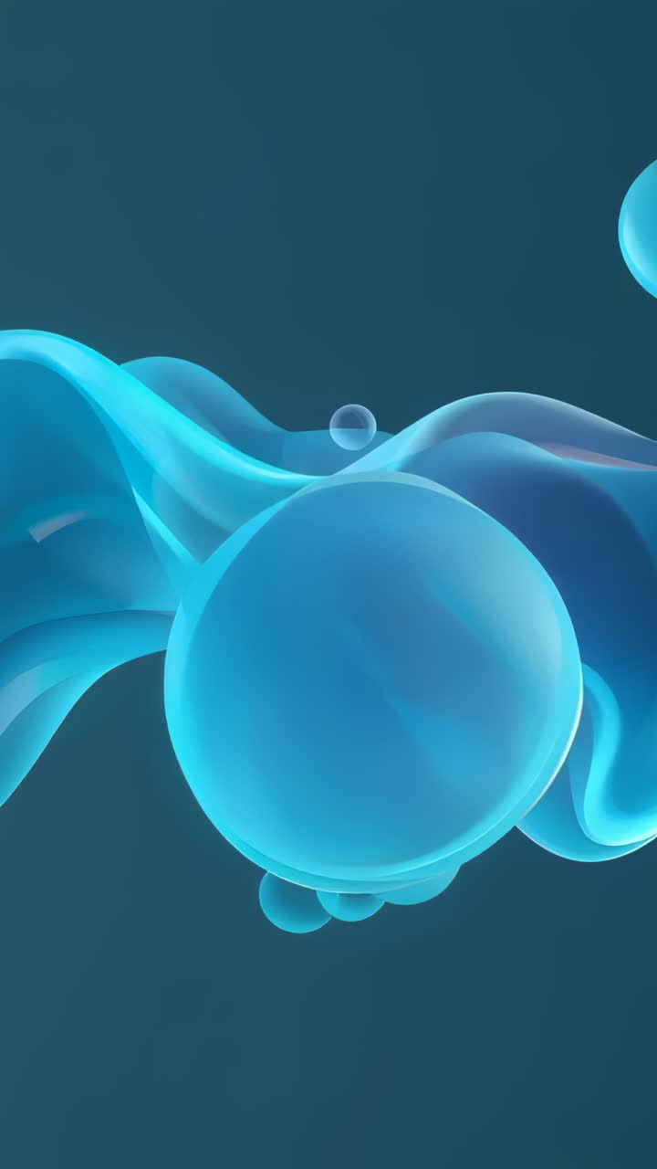 Video verticale: animazione di una grande sfera blu che fluttua su un nastro con gradiente verde acqua, con un globo che si deposita