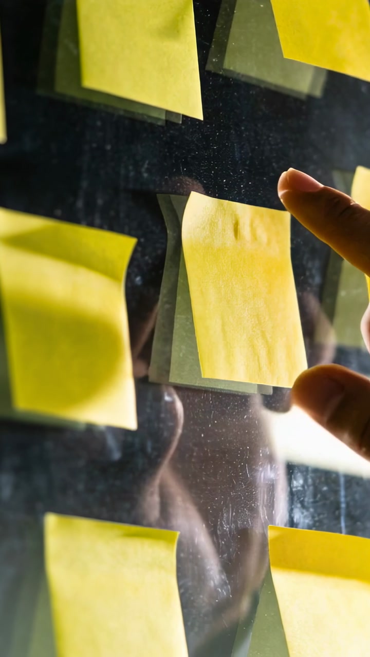 Entering from right, right hand pressing peeling yellow note on glass at home, revealing reflection