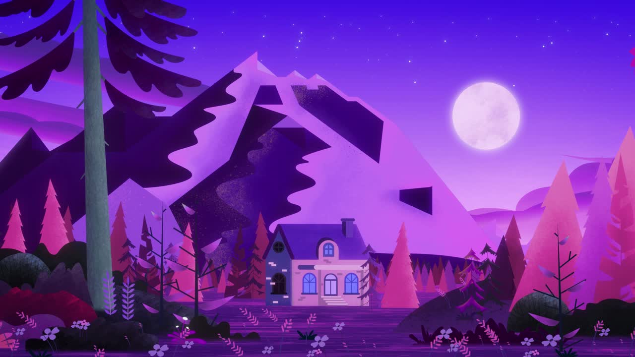 una pequeña casa de pan de jengibre rosa en un fabuloso bosque de coníferas púrpura-rosa. una enorme luna redonda detrás de una roca cremosa ilumina el paisaje fabuloso.