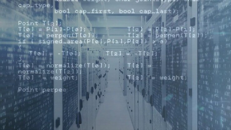 Data center aisle projecting scrolling code after system event, particles showing network activity
