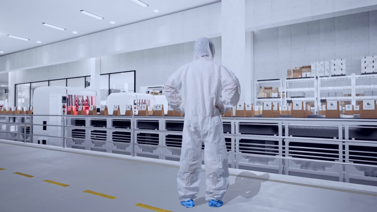 Full Body Back View Of Asian Male Scientist Putting Hands On His Hip And Looking Around With Conveyor for Packaging Coffee Beans in Bags at Coffee Factory