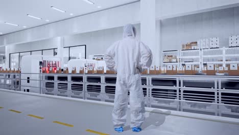 full body back view of asian male scientist putting hands on his hip and looking around with conveyor for packaging coffee beans in bags at coffee factory