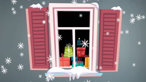 Animation-Von-Schnee,-Der-über-Weihnachtsgeschenke-Fällt-Und-Durch-Das-Fenster-Gesehen-Wird