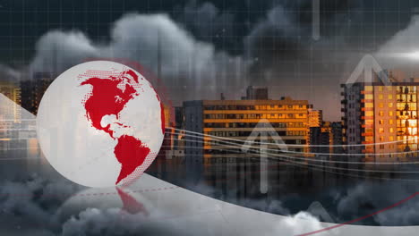 Animation of globe and data processing over buildings in city