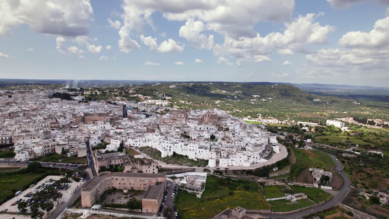Aerial panorama view of italian white town Ostuni in Puglia, Italy, touristic attraction