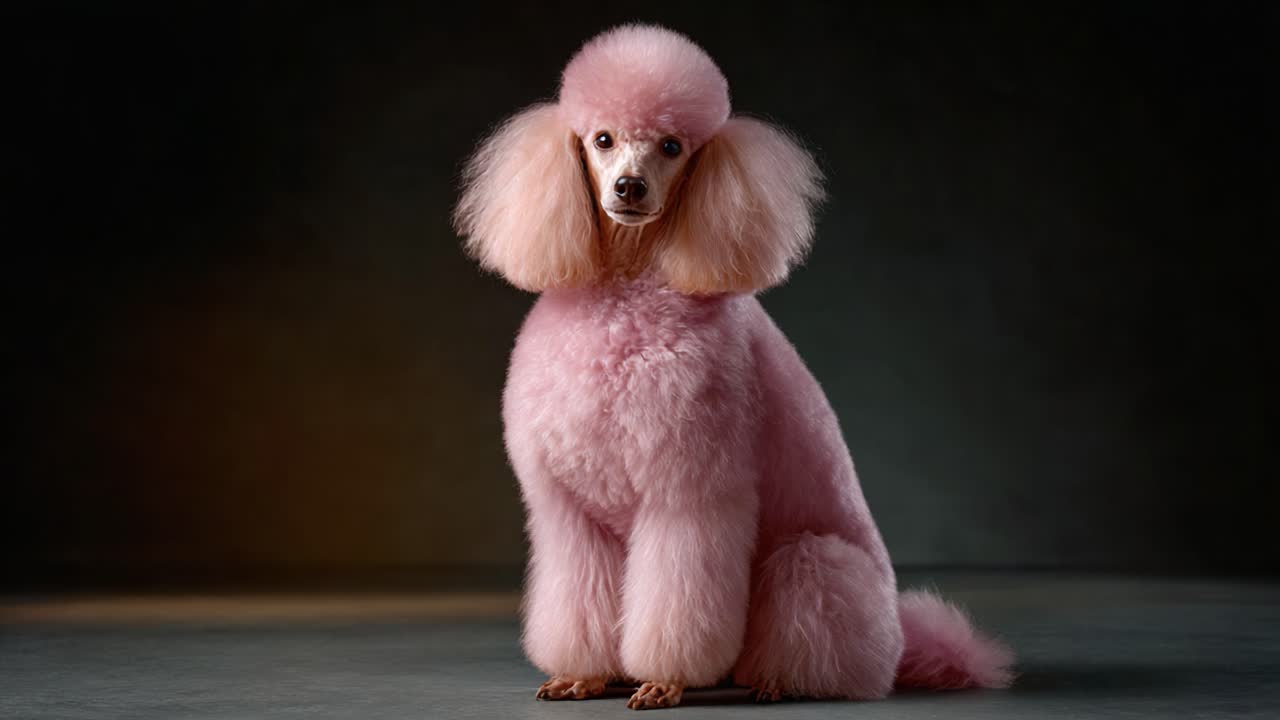 Kabarık tüyleri ve özgün stiliyle zarafetle poz veren, egzotik köpek bakımı trendlerinin cazibesini ve eğlencesini sergileyen görkemli pembe bir kaniş
