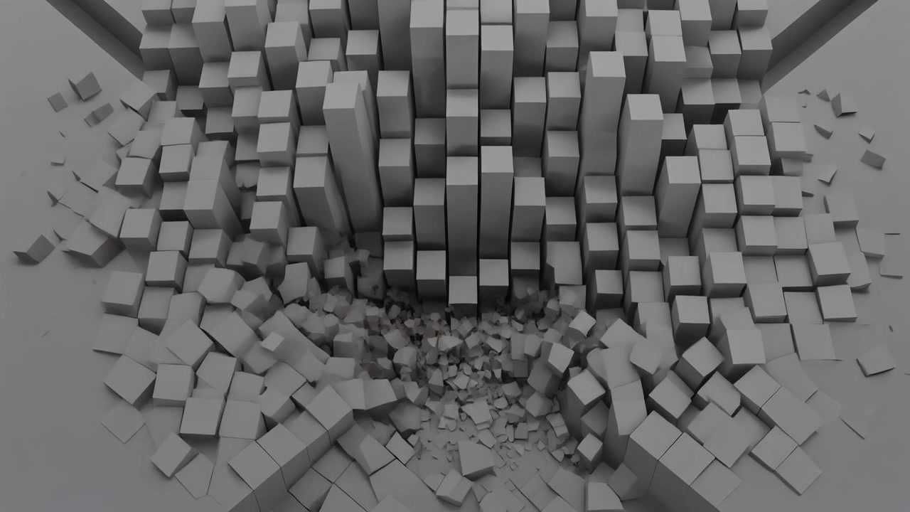 Abstrakt 3D-animation af grå terninger, der kollapser og går i stykker