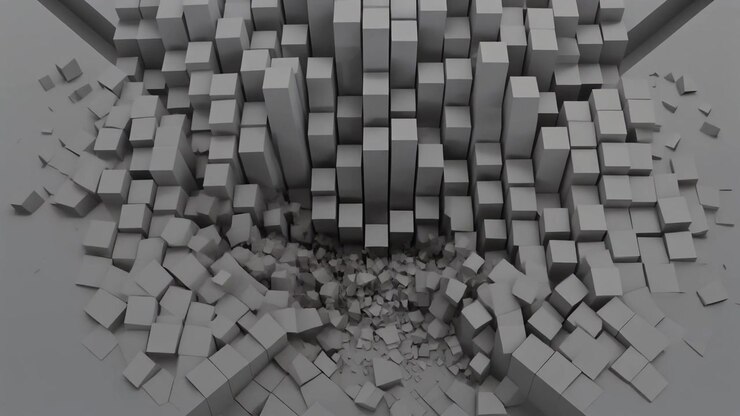 Abstrakt 3D-animation af grå terninger, der kollapser og går i stykker
