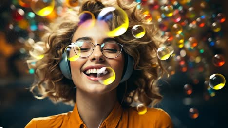 young woman enjoying music while surrounded by colorful bubbles
