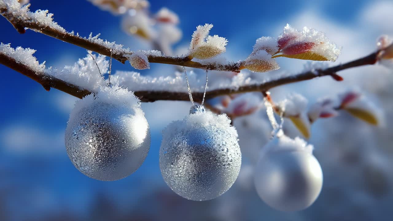 A Beautiful Winter Scene Showcasing Frosted Branches Adorned with Shimmering Silver Ornaments, Set Against a Vibrant Blue Sky That Evokes the Spirit of the Holiday Season and Captures the Essence of Nature's Beauty