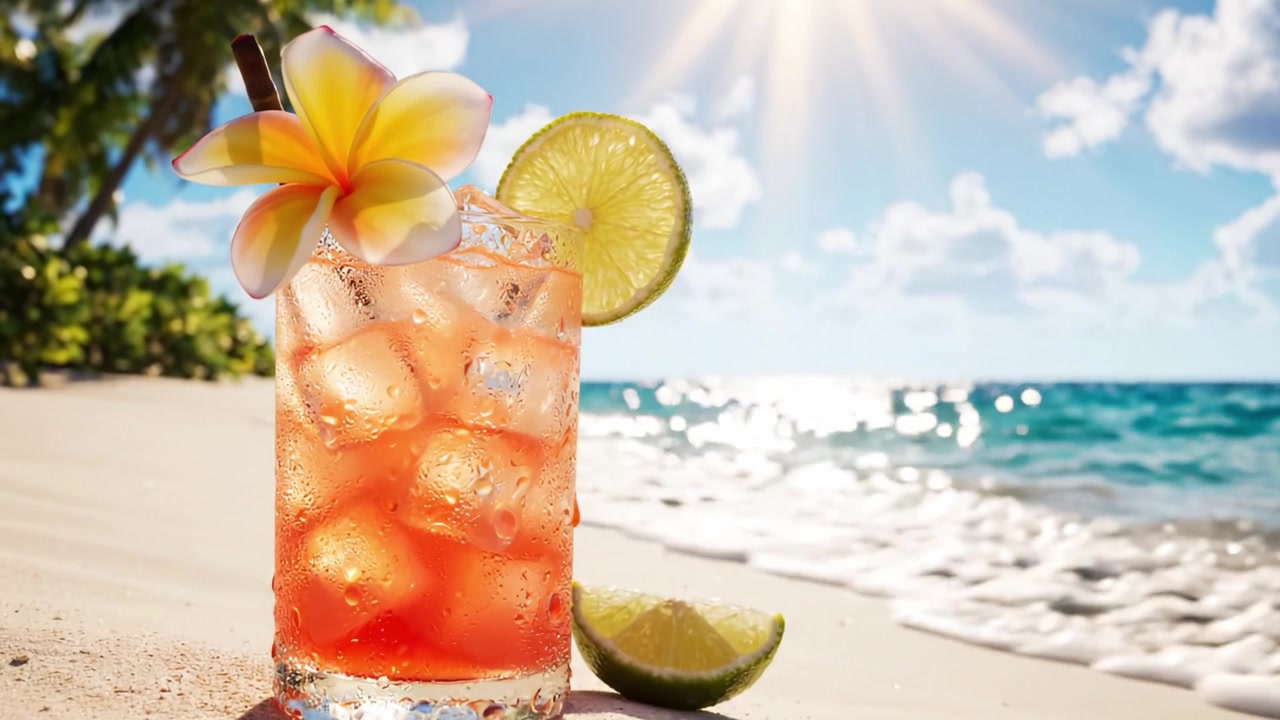 Forfriskende tropisk cocktail med is og garnityr, plassert mot et vakkert strandlandskap med klar himmel og milde bølger i bakgrunnen