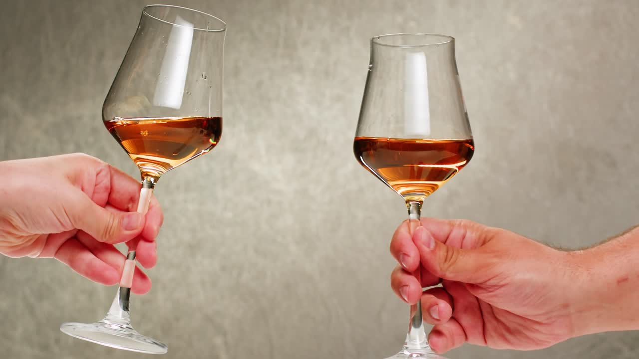 Rose Orange or white wine bottle and glass against a sunset in a peaceful vineyard, pouring of ecological natural wine. Cheers, hands with wine glasses, drinking alcohol.