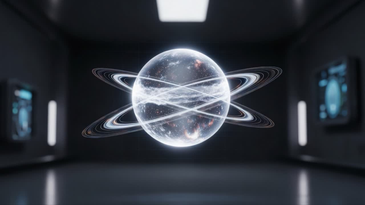 A Stunning Visualization of a Cosmic Sphere Surrounded by Rings in a Futuristic Space Environment Showcasing Intricate Details and Advanced Technology