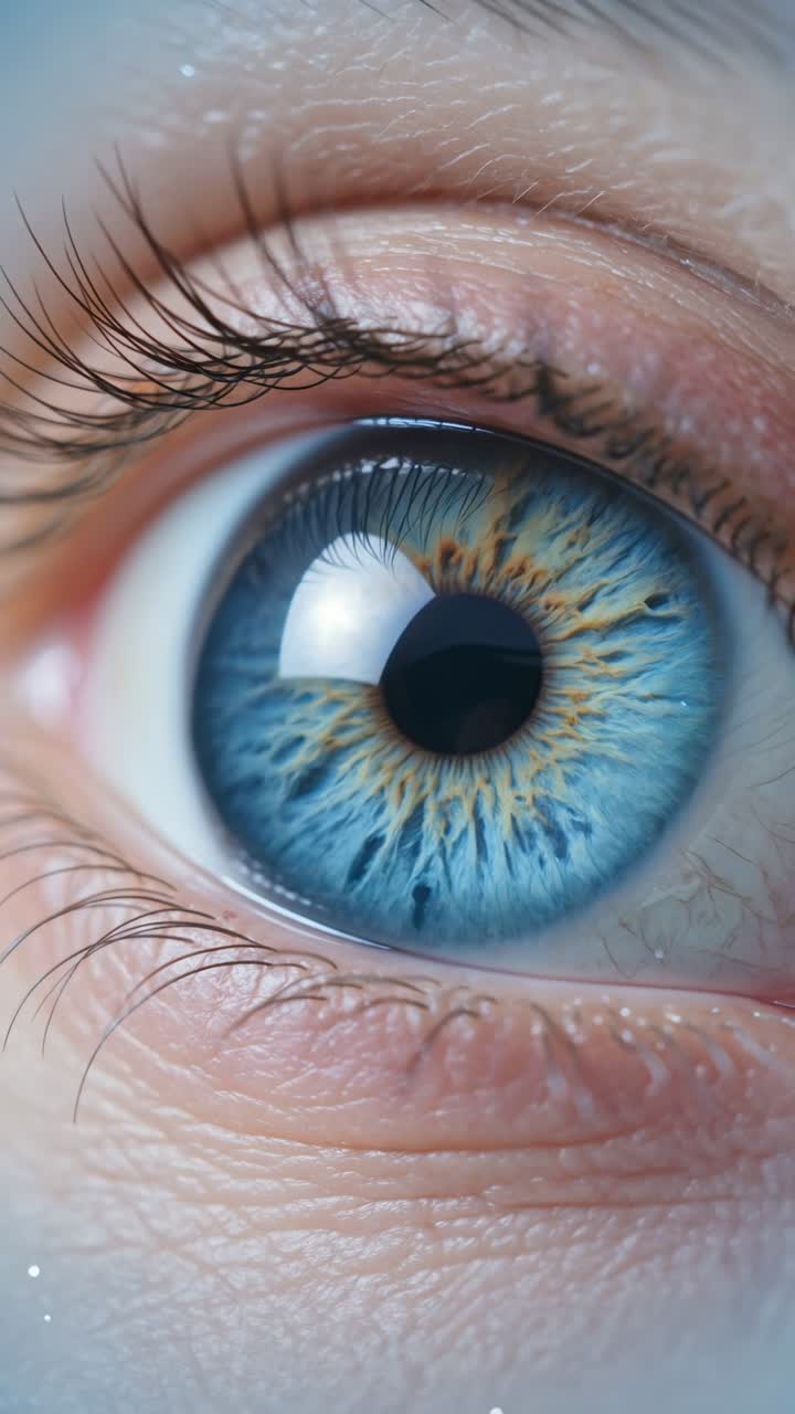 Vista macro dettagliata di un occhio umano blu con un disegno dell'iride nitido, ciglia e texture della pelle naturale in un'illuminazione cinematografica.
