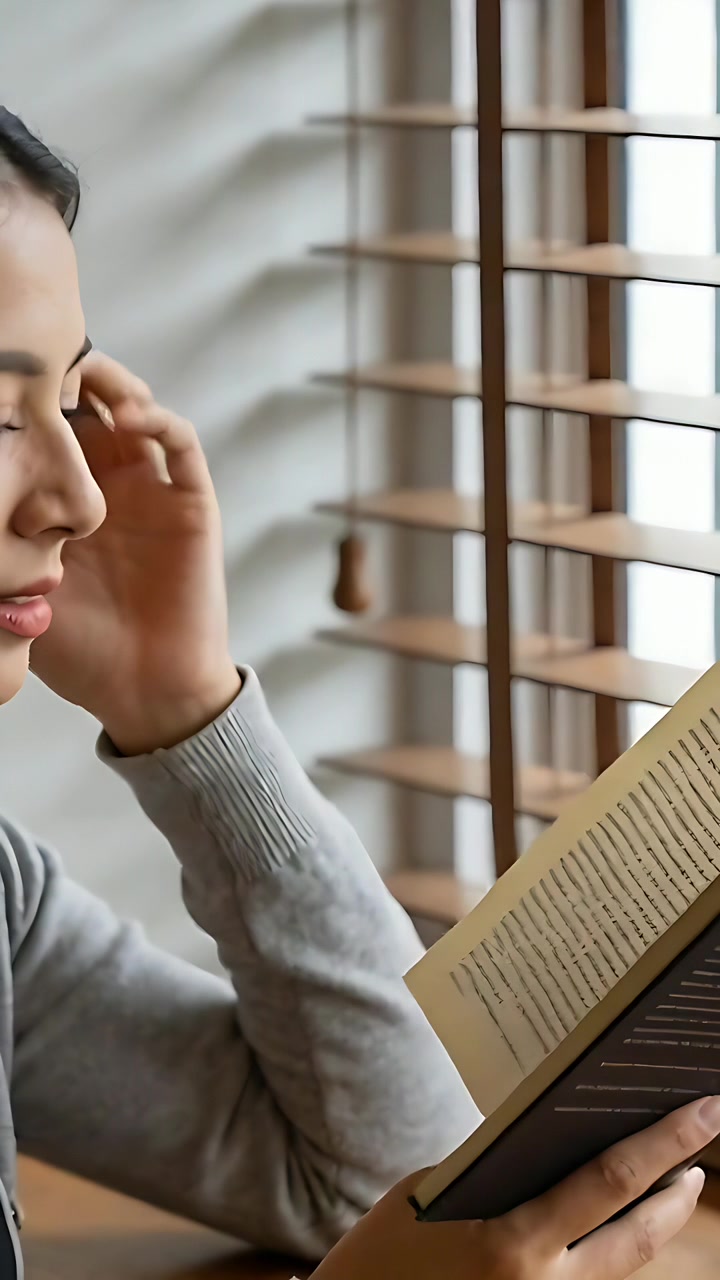 縦型動画：本を開き、グレーのトップスを着た女性が窓際で読書し、耳に触れて休んでいる。コピースペースあり。