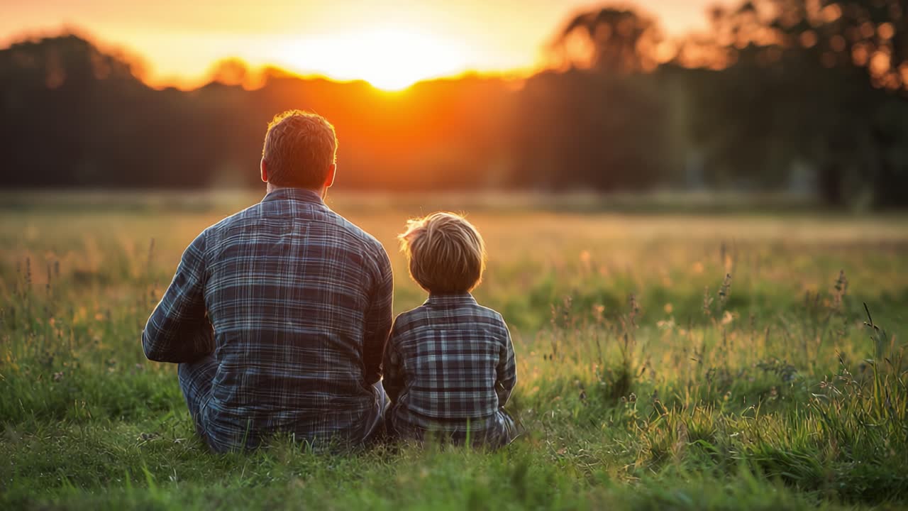 A Heartwarming Moment: A Father and Son Share an Evening Together, Watching the Sunset in Serene Surroundings, Capturing Love and Togetherness in Nature's Glow