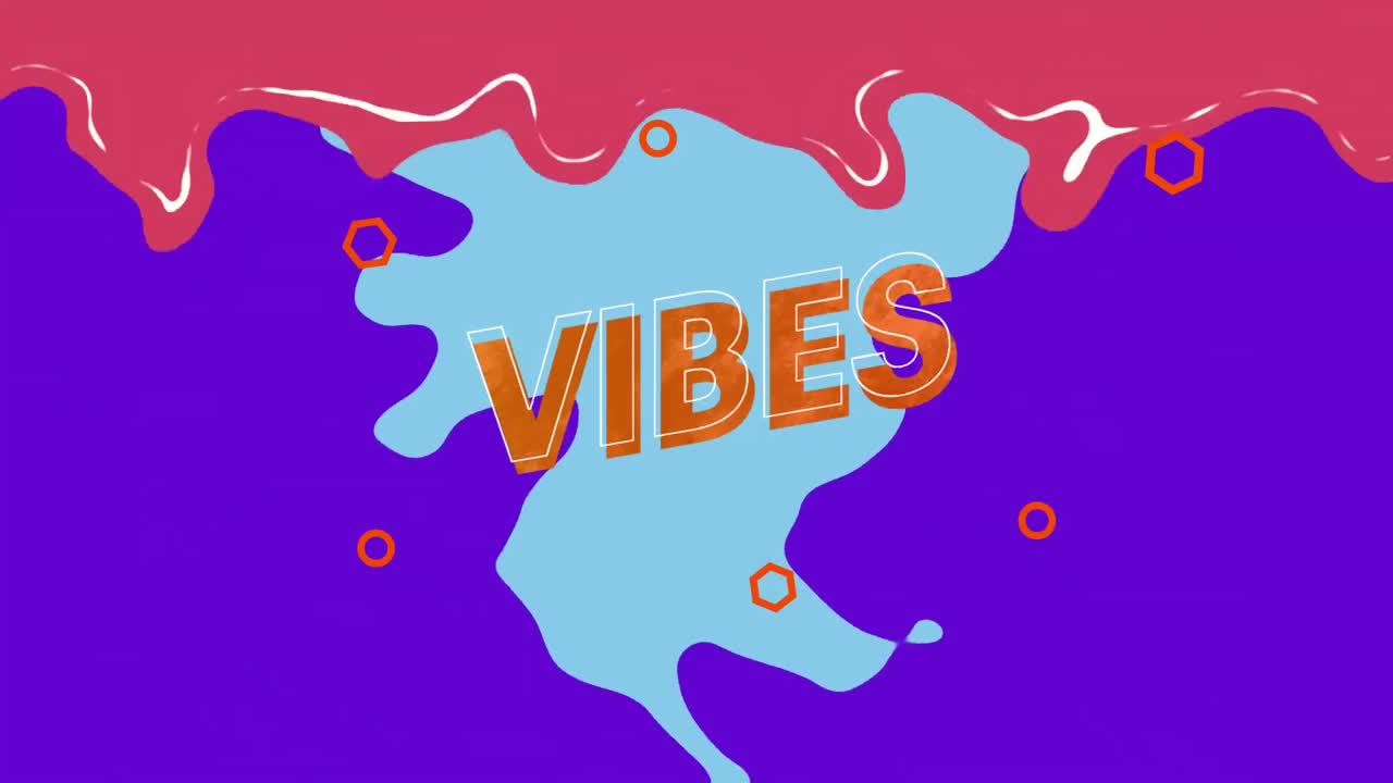 Animaatio "vibes"-tekstistä muotojen päällä sinisellä taustalla
