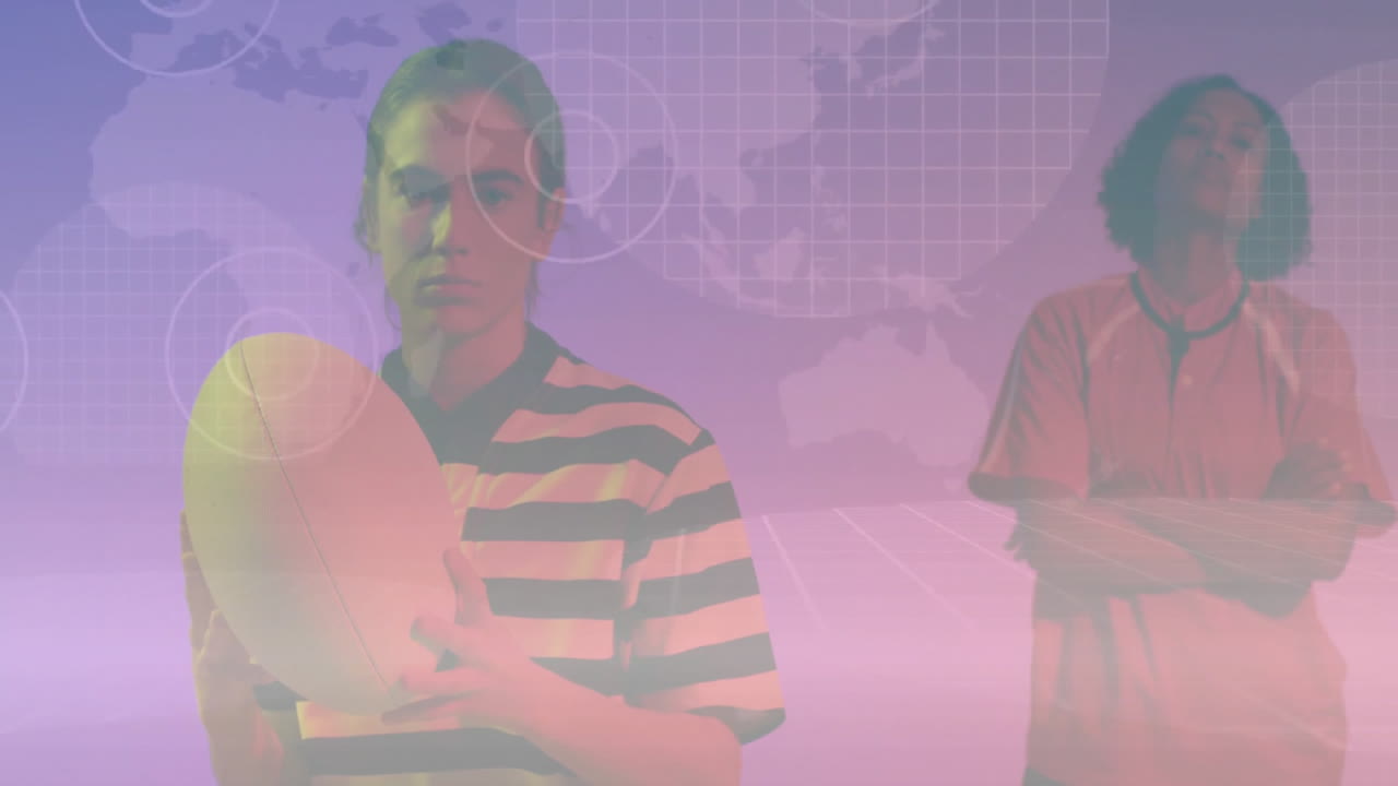 Athlete holding football next to medical worker standing with stethoscope, showing tech interface