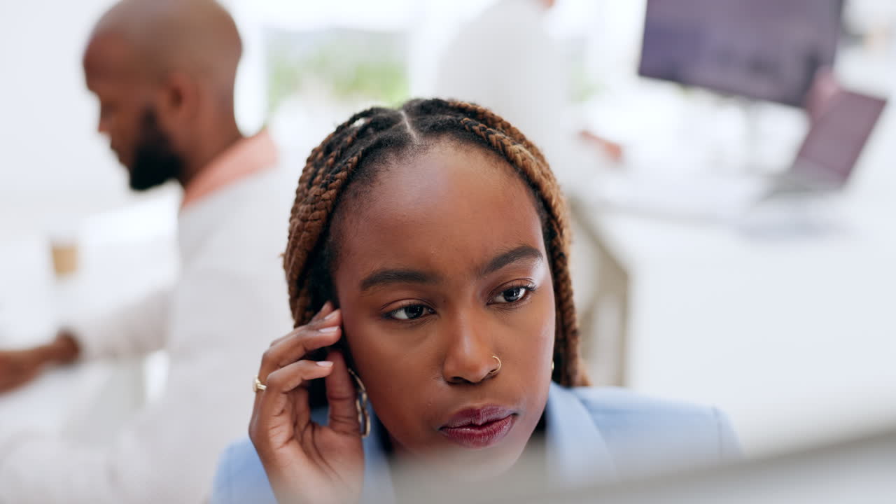 Face, computer and confused black woman in office