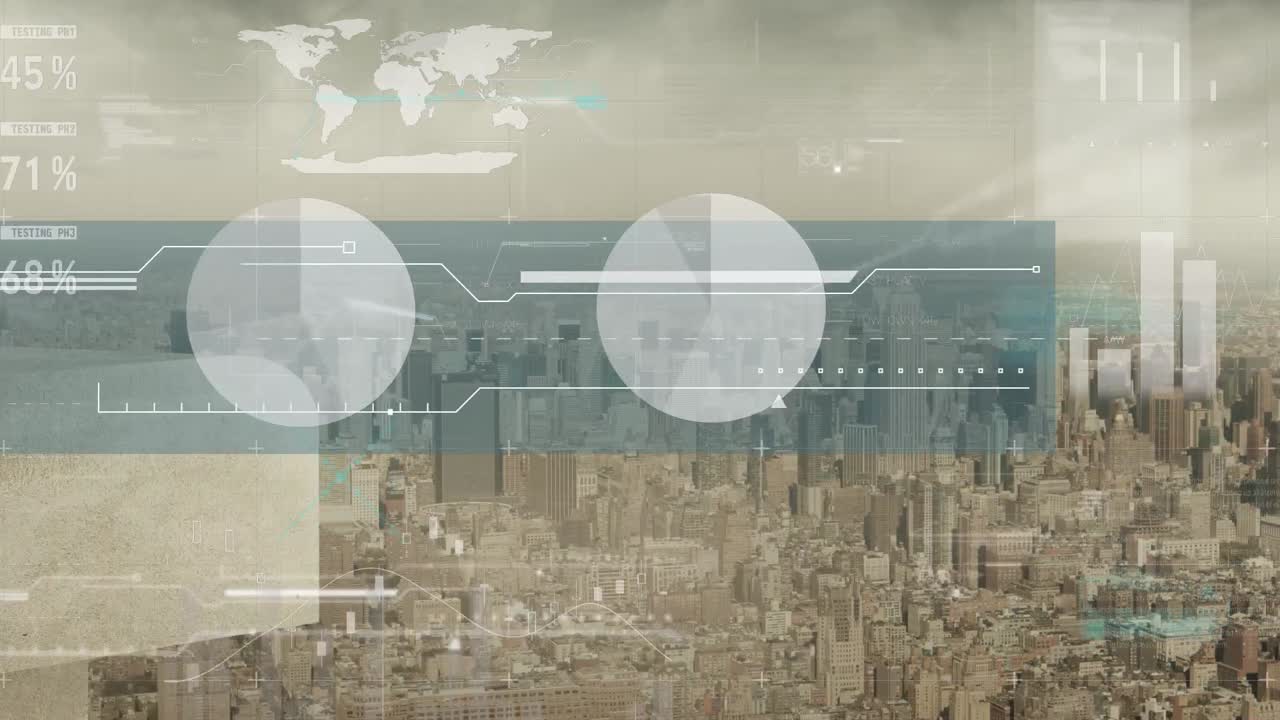 Animation of financial data processing over cityscape