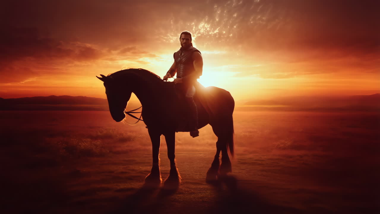 Silhouette di un uomo a cavallo al tramonto
