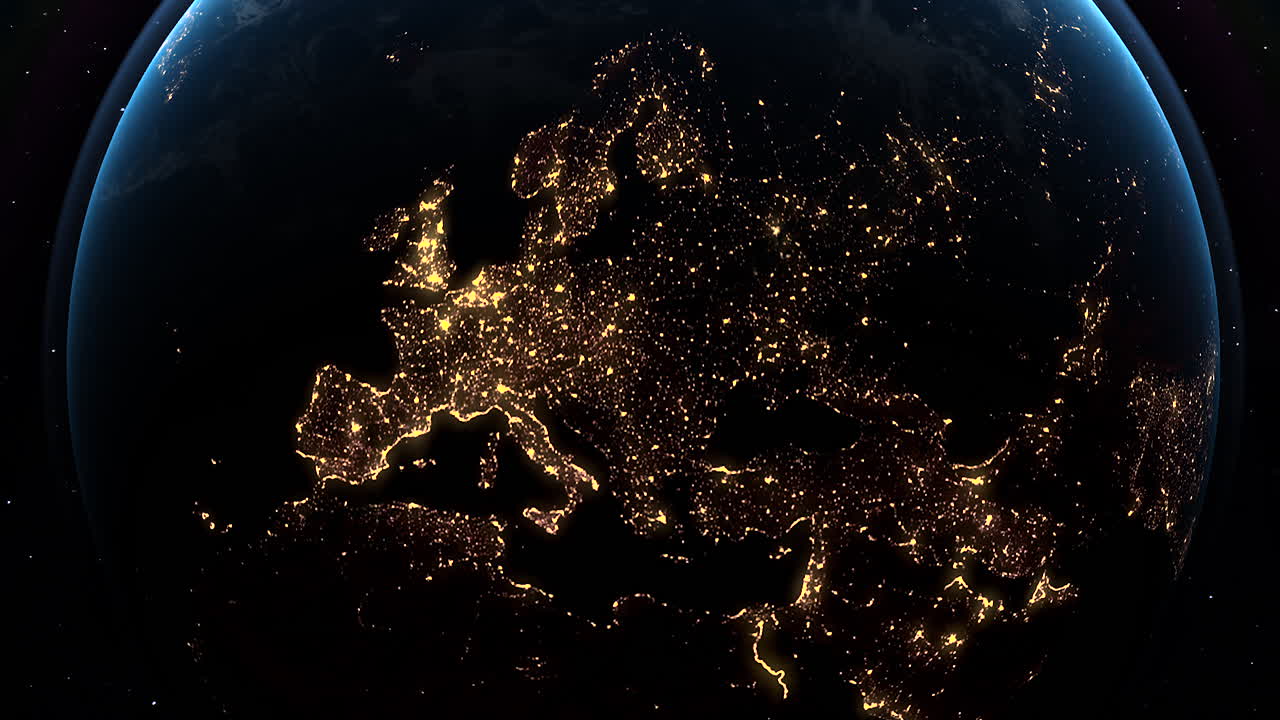 우주에서 볼 수 있는 빛나는 도시와 함께 밤에 유럽의 놀라운 풍경