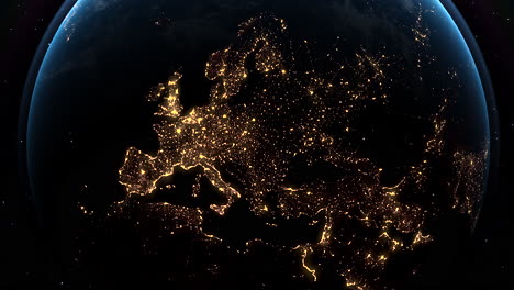 Una-Vista-Impresionante-De-Europa-Por-La-Noche-Con-Ciudades-Iluminadas,-Como-Se-Ve-Desde-El-Espacio.